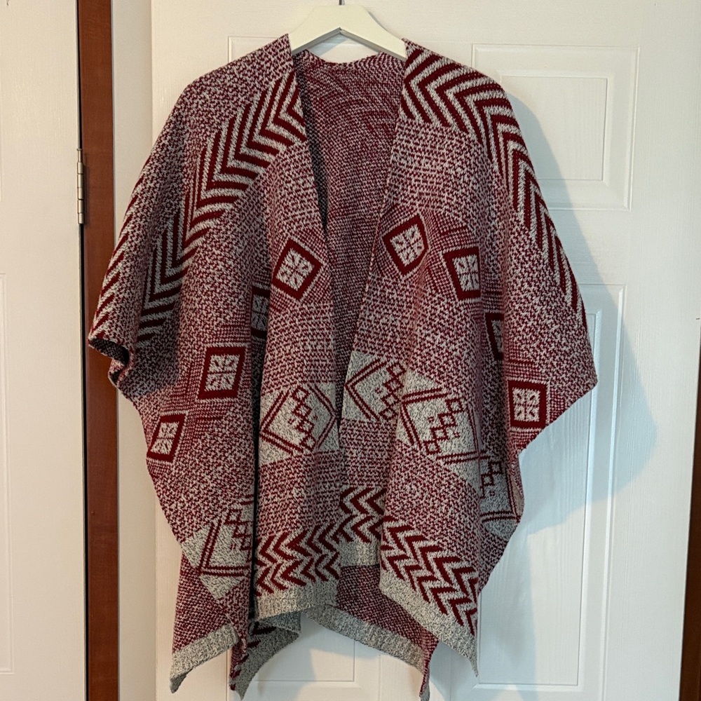 Red and White Geometric Patterned Poncho